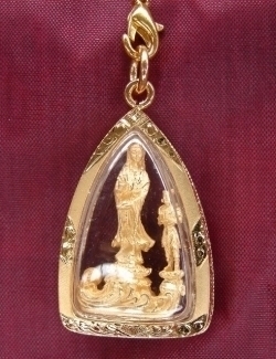Gold Standing Guan Yin with Kid Pendant