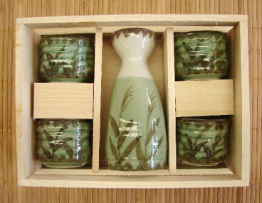 Ceramic Green Japanese Saki Set with Bamboo Pictures