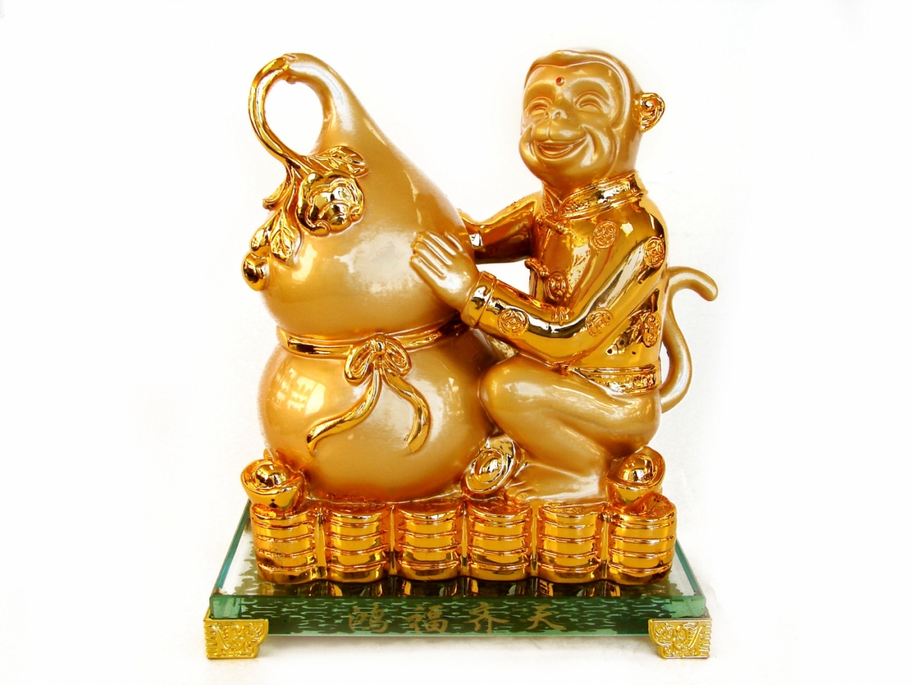 Golden Monkey Statue with Feng Shui Wu Lou for Year of Monkey