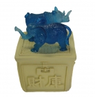Blue Rhino and Elephant Standing on Treasure Box