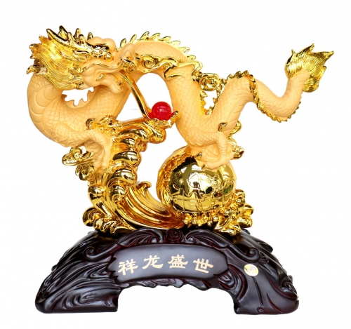 Chinese Golden Dragon Statue Chasing a Red Ball