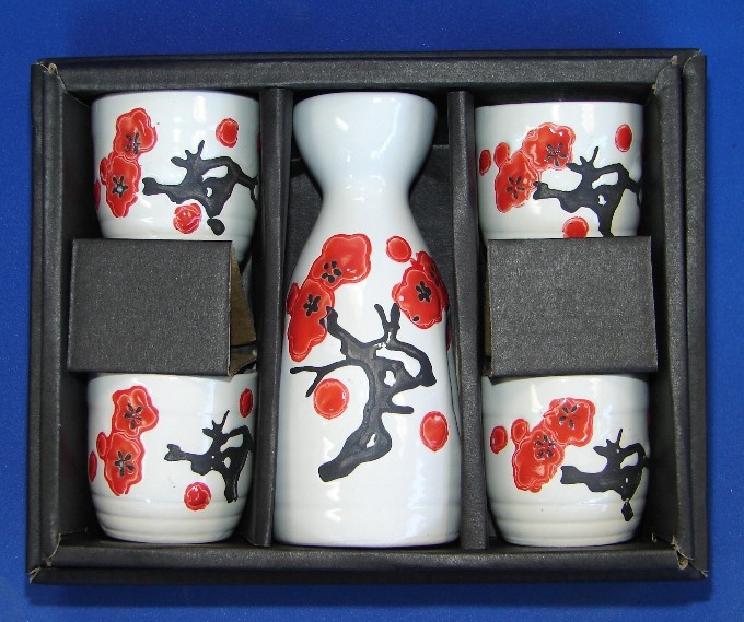 White Japanese Ceramic Saki Set with Cherry Blossom pictures