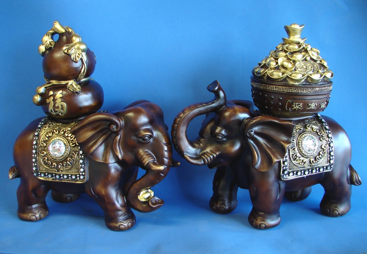 Pair of Elephant Statues One Trunk Up and One Trunk Down