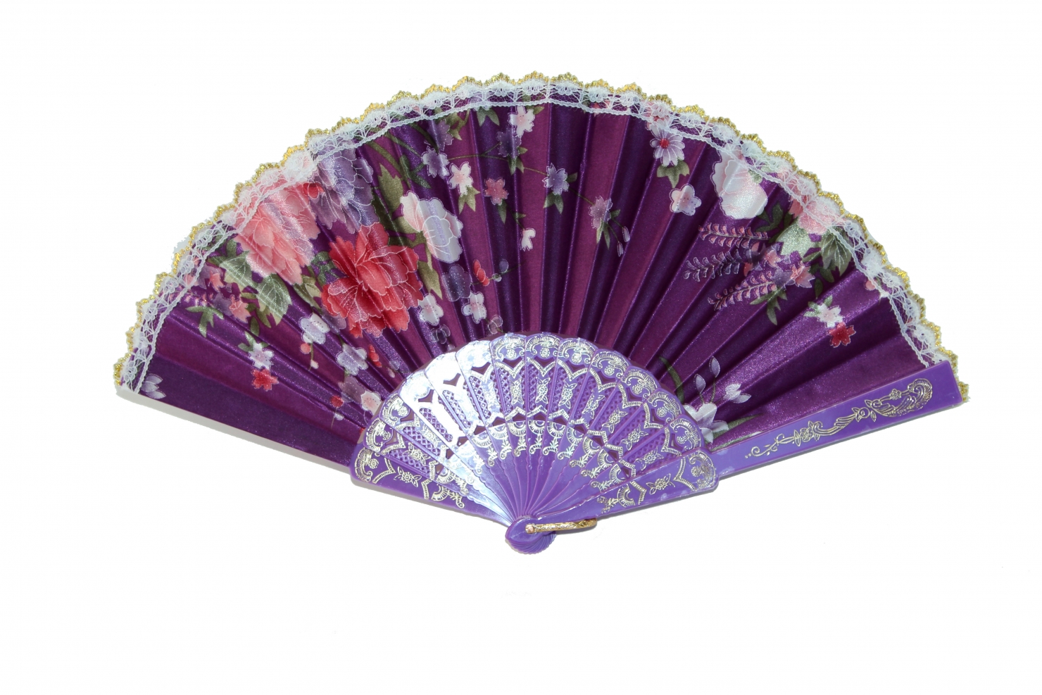 Silk Hand Fan with Golden Lace and Color Slab