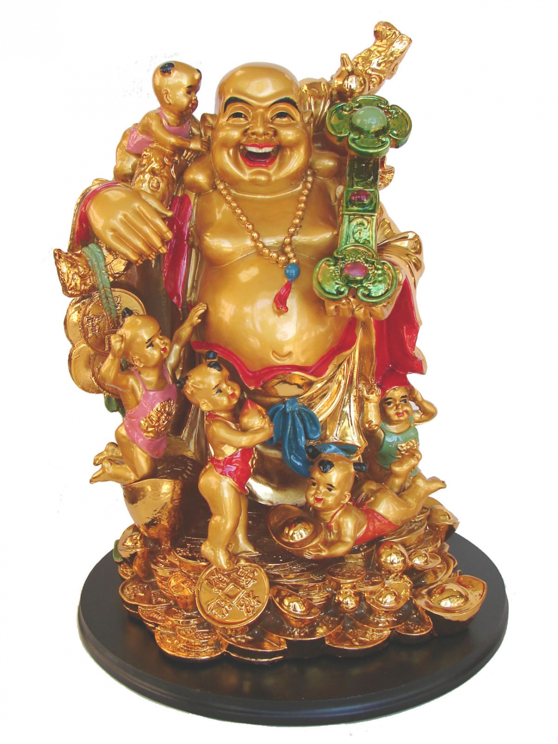 Big Golden Laughing Buddha Statue with 5 Boy Children