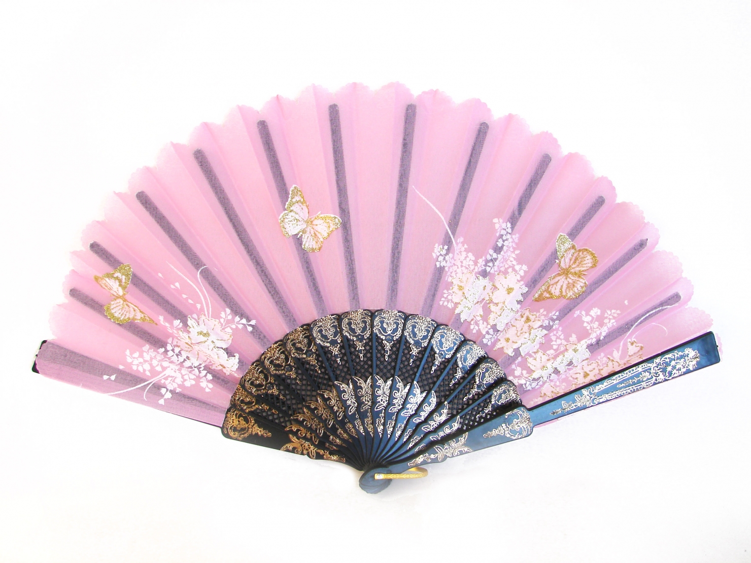 Black Slab Folding Hand Fan with Picture of Flowers and Butterflies