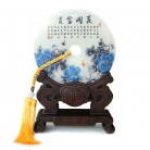 Genuine Jade Display Plate with Peony Flower Picture and Stand