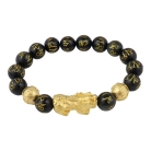 Genuine Black Obsidian Mantra Beaded Bracelet with Gold Pi Xiu