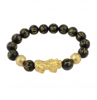 Genuine Black Obsidian Mantra Beaded Bracelet with Gold Pi Xiu