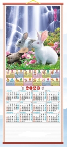 2023 Chinese Wall Scroll Calendar w/ Picture of Rabbits and Waterfall