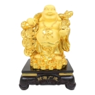 10 Inch Golden Money Buddha Statue Carrying Money Bag, Coins and Ru Yi